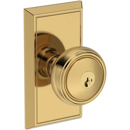 Baldwin Bremerton Single Cylinder Keyed Entry Door Knob Set with Chamfered 5" Rose with SmartKey SC1 Keyway from the Reserve Collection Lifetime Polished Brass