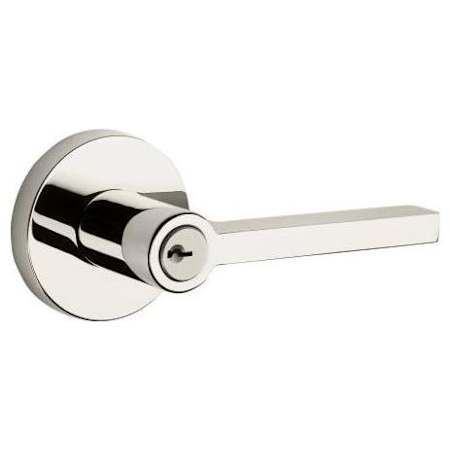 Baldwin Square Single Cylinder Keyed Entry Door Lever Set with Contemporary Round Rose Lifetime Polished Nickel