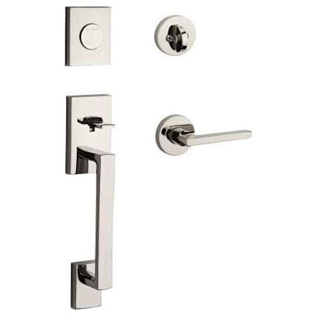 Baldwin La Jolla Full Dummy Handleset with Square Lever and Contemporary Round Rose Interior Trim from the Reserve Collection Lifetime Polished Nickel
