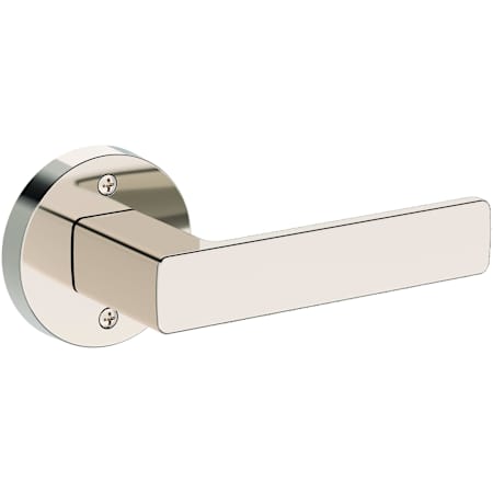 Baldwin Sharpewood Non-Turning One-Sided Dummy Door Lever with Contemporary Round Rose from the Reserve Collection Lifetime Polished Nickel