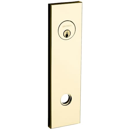 Baldwin Mid-Century Series 9.8 Inch Pair of Keyed Entry Door Knob Rosettes with Emergency Egress from the Estate Collection Lifetime Polished Brass