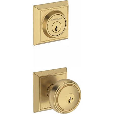 Baldwin Chamfered Square Keyed Entry Deadbolt and Bremerton Knob Set Combo Pack with SmartKey Lifetime Satin Brass