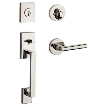 Baldwin La Jolla Standard C Keyway Single Cylinder Keyed Entry Handleset with Tube Lever and Contemporary Round Interior Trim from the Reserve Collection Lifetime Polished Nickel
