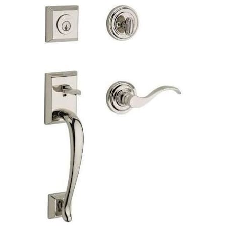 Baldwin Napa Left Handed Standard C Keyway Single Cylinder Keyed Entry Handleset with Traditional Round Rose and Curve Lever on Interior Lifetime Polished Nickel