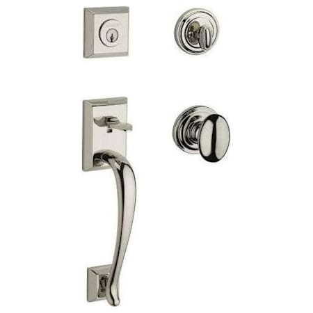 Baldwin Napa Standard C Keyway Single Cylinder Keyed Entry Handleset with Traditional Round Rose and Ellipse Knob on Interior Lifetime Polished Nickel