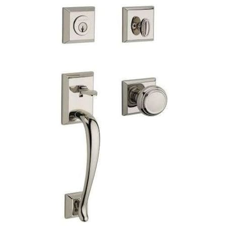 Baldwin Napa SmartKey Single Cylinder Keyed Entry Handleset with Traditional Square Rose and Traditional Knob on Interior Lifetime Polished Nickel