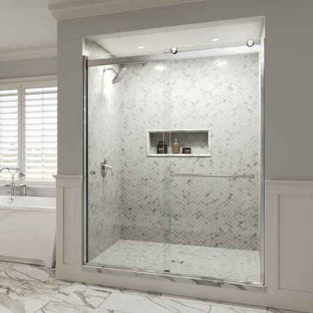 Basco 70 x 56 to 60 Inch 5500 Series Rotolo Semi Frameless 1/4 Inch Rain Glass Sliding Shower Door Brushed Nickel