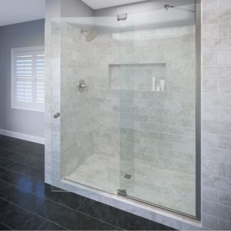 Basco Cantour 76" High x 36" Wide Pivot Frameless Shower Door with AquaGlideXP Clear Glass Brushed Nickel