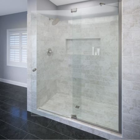 Basco Cantour 76" High x 42" Wide Pivot Frameless Shower Door with Clear Glass Brushed Nickel