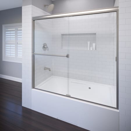 Basco Classic 57" High x 60" Wide Bypass Semi Frameless Tub Door with Clear Glass Brushed Nickel