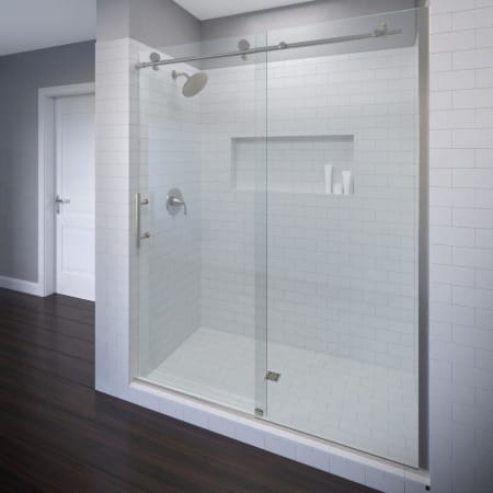 Basco Vinesse 76" High x 59" Wide Single Sliding Frameless Shower Door with AquaGlideXP Clear Glass Brushed Nickel