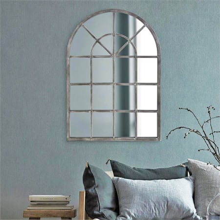 Bellevue Fenetre 29" W x 41" H Arched Metal Framed Bathroom Mirror Antique Silver