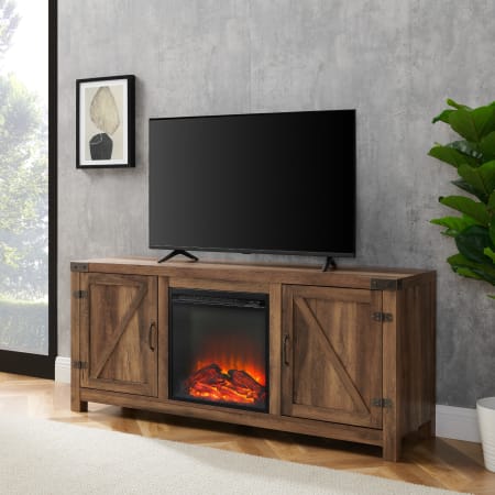 Bellevue 58" Wide Rustic Farmhouse TV Stand Media Cabinet with Barn Doors and Fireplace Rustic Oak