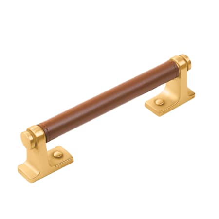 Belwith Keeler Reserve 5-1/16" Center to Center Leather Cabinet Handle / Drawer Pull - Mixed Materials Brushed Golden Brass / Brown Leather