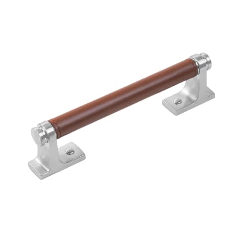 Belwith Keeler Reserve 5-1/16" Center to Center Leather Cabinet Handle / Drawer Pull - Mixed Materials Satin Nickel / Brown Leather