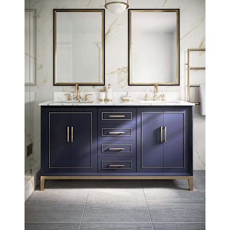 BEMMA Gracie 60" Free Standing Double Basin Vanity Set with Cabinet and Vanity Top Pacific Blue / Carrara Marble Top / Satin Brass Hardware