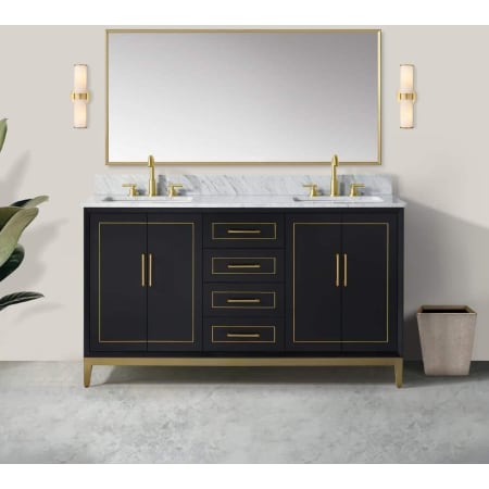 BEMMA Gracie 60" Free Standing Double Basin Vanity Set with Cabinet and Vanity Top Midnight Black / Carrara Marble Top / Satin Brass Hardware