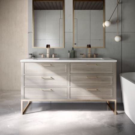 BEMMA Markham 60" Free Standing Double Basin Vanity Set with Cabinet and Vanity Top Cashmere Grey / Calacatta Quartz Top / Satin Brass Hardware