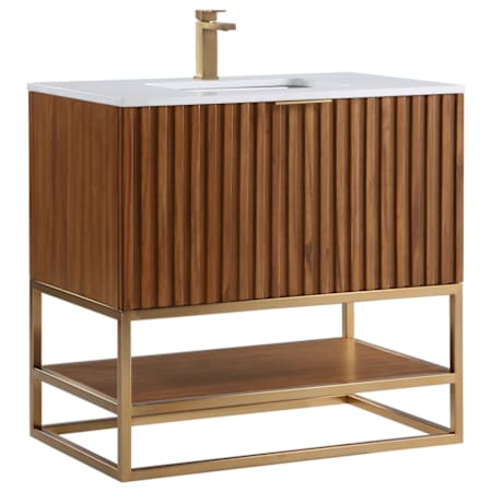 BEMMA Terra 36" Free Standing Single Basin Vanity Set with Cabinet and Quartz Vanity Top Walnut / Calacatta Quartz Top / Satin Brass Hardware