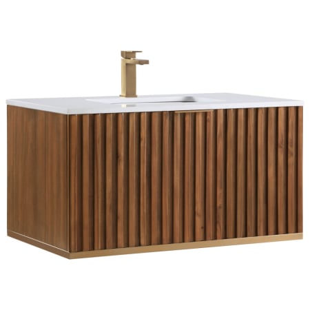 BEMMA Terra 36" Wall Mounted Single Basin Vanity Set with Cabinet and Quartz Vanity Top Walnut / Calacatta Quartz Top / Satin Brass Hardware