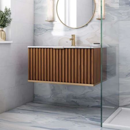 BEMMA Terra 36" Wall Mounted Single Basin Vanity Set with Cabinet and Vanity Top Walnut / Carrara Marble Top / Satin Brass Hardware
