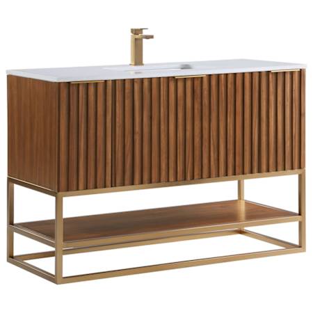 BEMMA Terra 48" Free Standing Single Basin Vanity Set with Cabinet and Quartz Vanity Top Walnut / Calacatta Quartz Top / Satin Brass Hardware