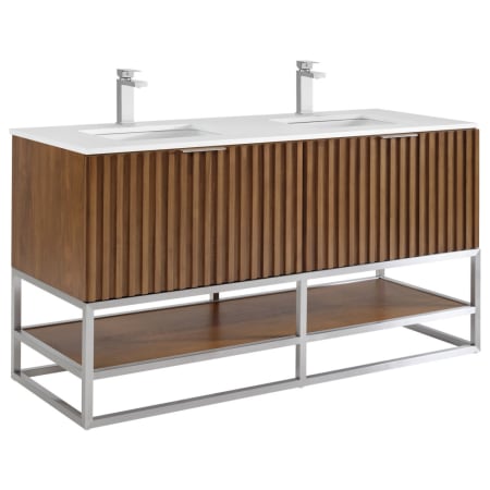 BEMMA Terra 60" Free Standing Double Basin Vanity Set with Cabinet and Vanity Top Walnut / White Quartz Top / Brushed Nickel Hardware