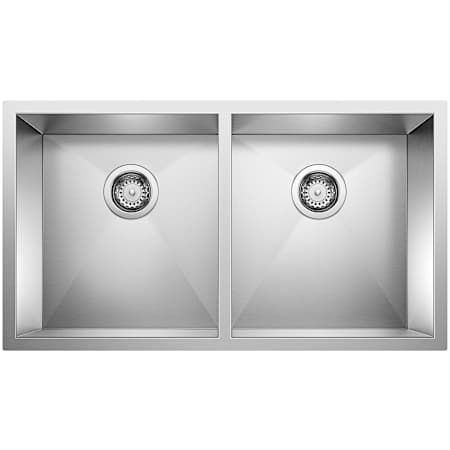 Blanco Precision Medium Equal Double Bowl Stainless Steel Kitchen Sink with Stylish Drain Grooves 29" x 18" Satin Polished