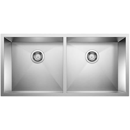 Blanco Precision Large Equal 37" Undermount Double Bowl Stainless Steel Kitchen Sink with Stylish Drain Grooves Satin Polished