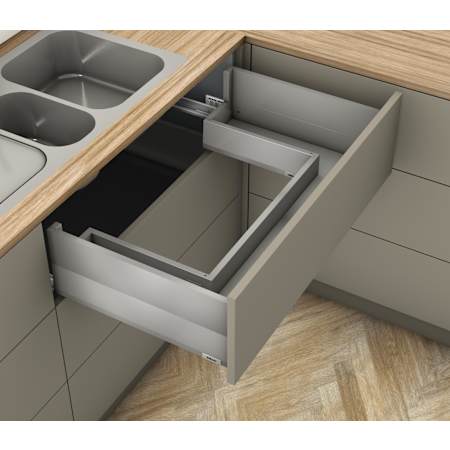 Blum Merivobox "E" Height 18 Inch Full Extension Concealed Screw In Sink Drawer System with 125 Pound Weight Capacity and Soft Close Matte Indium Gray