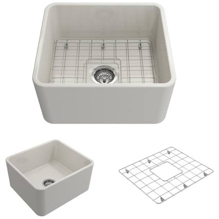 Bocchi Classico 20" Farmhouse Single Basin Fireclay Kitchen Sink with Basin Rack and Basket Strainer Biscuit