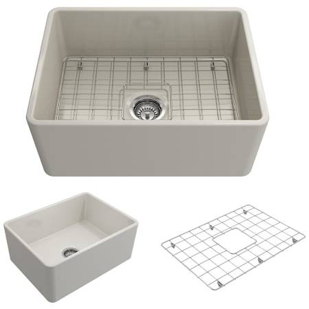 Bocchi Classico 24" Farmhouse Single Basin Fireclay Kitchen Sink with Basin Rack and Basket Strainer Biscuit