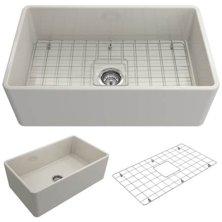 Bocchi Classico 30" Farmhouse Single Basin Fireclay Kitchen Sink with Basin Rack and Basket Strainer Biscuit