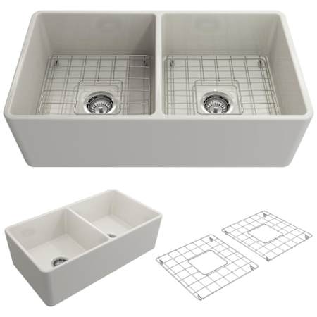 Bocchi Classico 33" Farmhouse Double Basin Fireclay Kitchen Sink with Basin Rack and Basket Strainer Biscuit