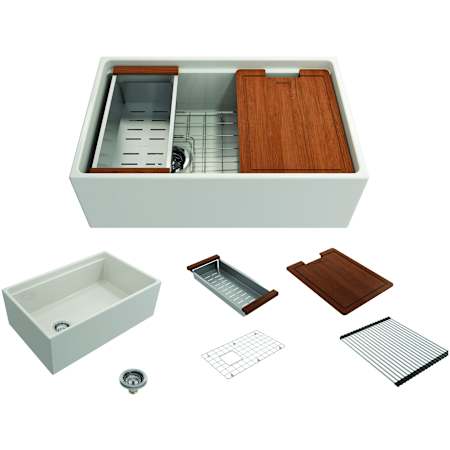 Bocchi Contempo Step-Rim 30" Farmhouse Single Basin Fireclay Kitchen Sink with Basin Rack, Basket Strainer, Colander and Cutting Board Biscuit