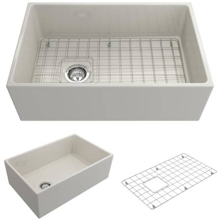 Finish: Bocchi Contempo 30" Farmhouse Single Basin Fireclay Kitchen Sink with Basin Rack and Basket Strainer Biscuit