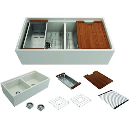 Bocchi Contempo Step-Rim 36" Farmhouse Double Basin Fireclay Kitchen Sink with Basin Rack, Basket Strainer, Colander and Cutting Board Biscuit