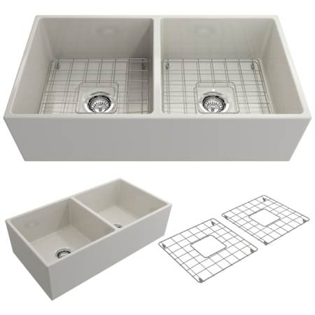 Bocchi Contempo 36" Farmhouse Double Basin Fireclay Kitchen Sink with Basin Rack and Basket Strainer Biscuit