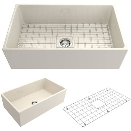 Bocchi Contempo 33" Farmhouse Single Basin Fireclay Kitchen Sink with Basin Rack and Basket Strainer Biscuit