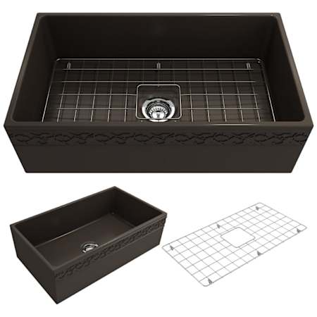 Bocchi Vigneto 33" Farmhouse Single Basin Fireclay Kitchen Sink with Basin Rack and Basket Strainer Matte Brown