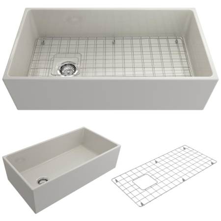 Bocchi Contempo 36" Farmhouse Single Basin Fireclay Kitchen Sink with Basin Rack and Basket Strainer Biscuit