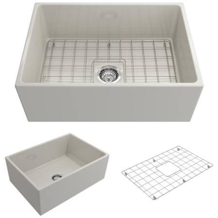 Bocchi Contempo 27" Farmhouse Single Basin Fireclay Kitchen Sink with Basin Rack and Basket Strainer Biscuit
