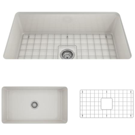 Bocchi Sotto 32" Undermount Single Basin Fireclay Kitchen Sink with Basin Rack and Basket Strainer Biscuit
