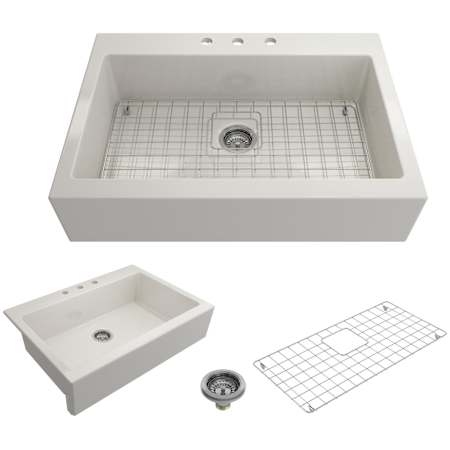 Bocchi Nuova 34" Drop In Single Basin Fireclay Kitchen Sink with Basin Rack and Basket Strainer Biscuit