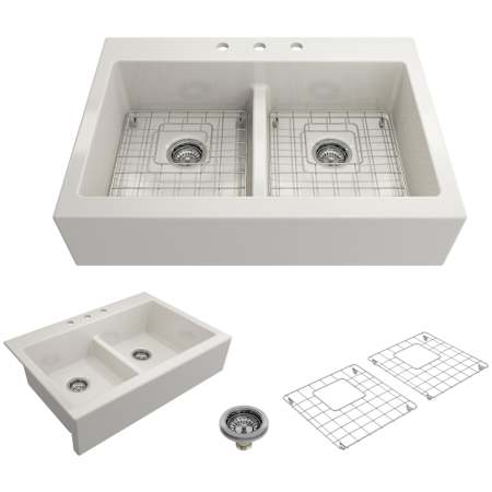 Bocchi Nuova 34" Drop In Double Basin Fireclay Kitchen Sink with Basin Rack and Basket Strainer Biscuit