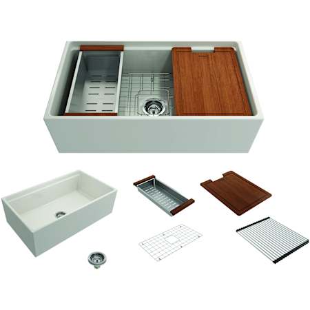 Bocchi Contempo Step-Rim 33" Farmhouse Single Basin Fireclay Kitchen Sink with Basin Rack, Basket Strainer, Colander and Cutting Board Biscuit