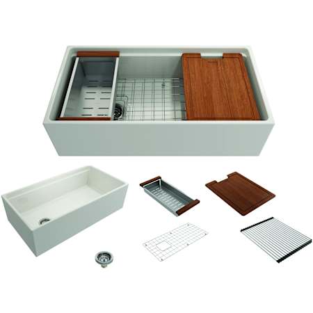 Bocchi Contempo Step-Rim 36" Farmhouse Single Basin Fireclay Kitchen Sink with Basin Rack, Basket Strainer, Colander and Cutting Board Biscuit