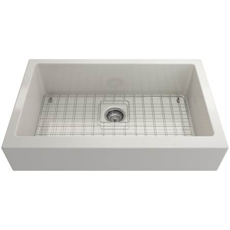Bocchi Nuova Pro 34" Undermount Single Basin Fireclay Kitchen Sink with Basin Rack and Basket Strainer Biscuit