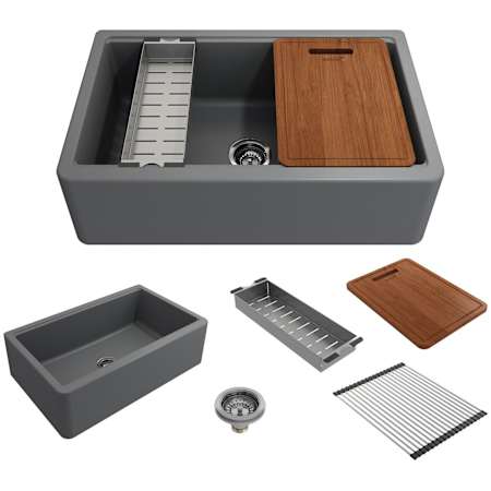 Bocchi Arona 33" Farmhouse Single Basin Granite Kitchen Sink with Basket Strainer, Colander and Cutting Board Concrete Gray