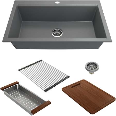 Bocchi Baveno Lux 33-3/4" Undermount Single Basin Granite Kitchen Sink with Basket Strainer, Colander and Cutting Board Concrete Gray